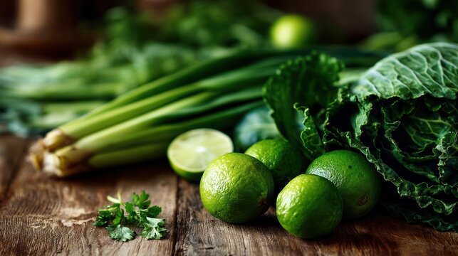 Fresh green limes and vegetables on a rustic wooden surface.