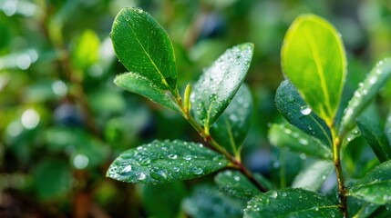 Close up of green leaves covered in morning dew drops bokeh background