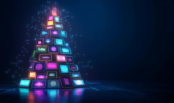 Screens stacking up to create a festive christmas tree shape, glowing with colorful data and media on a dark blue background