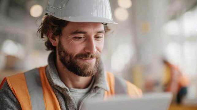 Man wearing a white hard hat and an orange safety vest. he is standing in a factory or industrial setting, with other workers visible in the background.