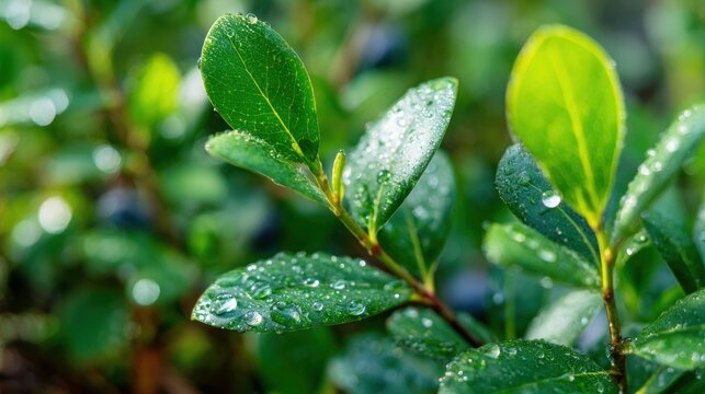 Close up of green leaves covered in morning dew drops bokeh background