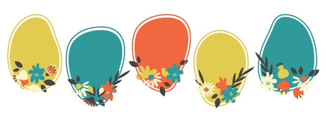 Set of Vertical circle frames set. Collection of Hand drawn doodle empty borders with simple modern flowers. Abstract floral stickers. Trendy oval labels for your text. Vector illustration for text