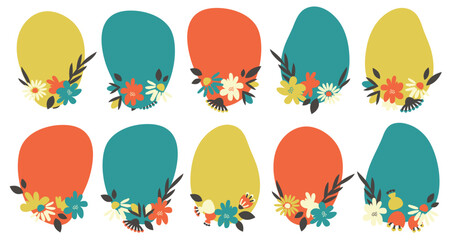 Set of Hand drawn frames set. Collection of doodle empty borders with simple modern flowers. Abstract floral stickers. Trendy template for your text. Vertical Matisse flowers art. Vector