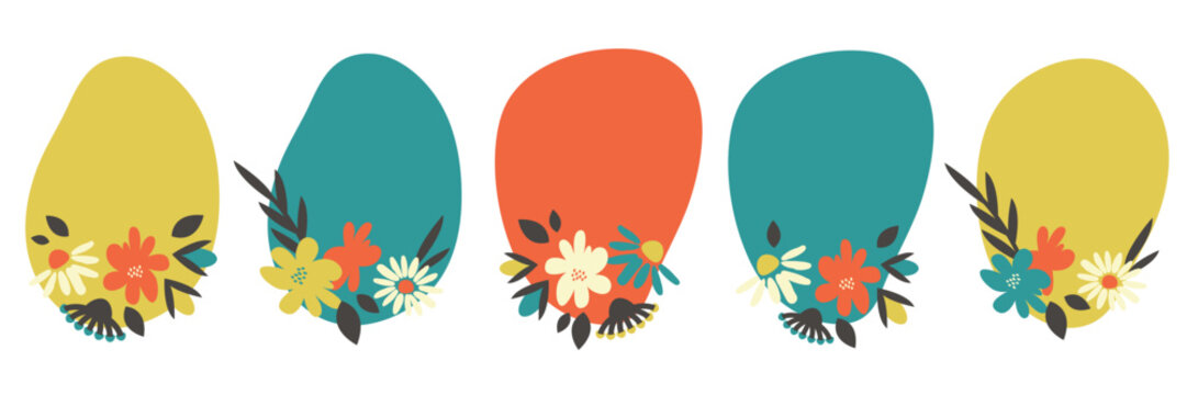 Hand drawn frames set. Collection of doodle borders with simple modern flowers. Abstract floral stickers. Trendy template for your text. Vertical Matisse flowers art. Vector