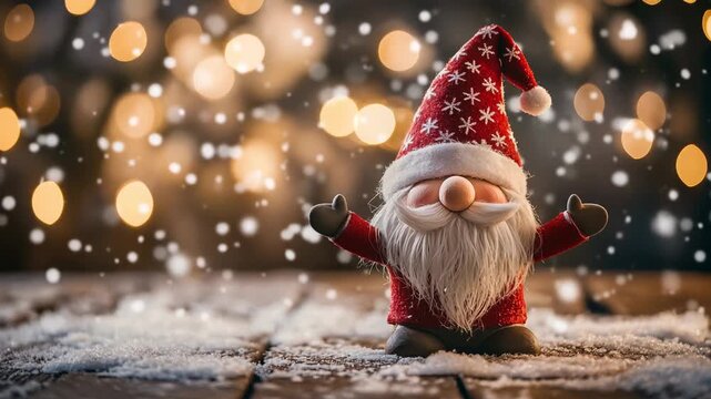 Cute Christmas gnome stands on snowy wooden surface with warm glowing lights creating a festive mood