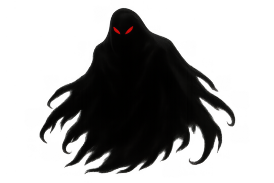 Dark ghost figure with glowing red eyes floating, representing fear, evil, and an eerie halloween presence