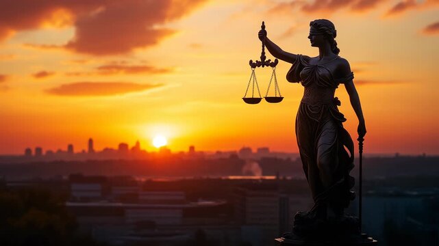 Silhouette of Lady Justice holding scales against a glowing sunset over a distant modern city skyline