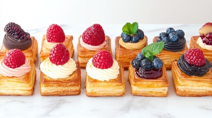 Sweet Temptations: A tantalizing array of petite pastries, each adorned with a vibrant selection of fresh, seasonal berries and delicate cream, inviting indulgence
