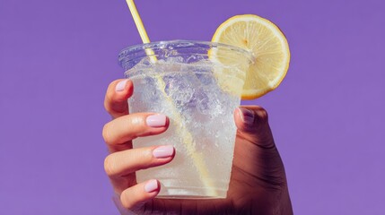 Hand holding cold beverage with lemon slice against purple background