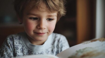 Close-up portrait of a young child, probably around 2-3 years old, sitting at a table and reading a book. the child has blonde hair and is wearing a blue and white patterned shirt.