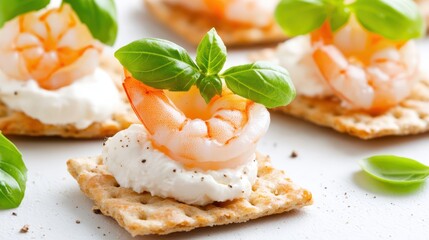 Elegant Appetizer Delight: These beautifully crafted appetizers showcase the culinary finesse with their fresh shrimp nestled on a creamy base, a perfect blend of textures and flavors. 