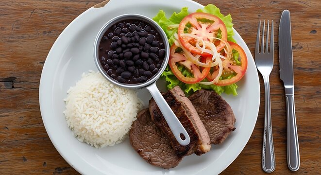 Overhead view of a Prato Feito (daily special) with rice beans and meat. Simple honest.
