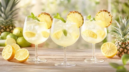 Tropical Elixir Refreshment: A trio of elegantly presented cocktails, adorned with fresh pineapple and mint, captures the essence of a tropical getaway.