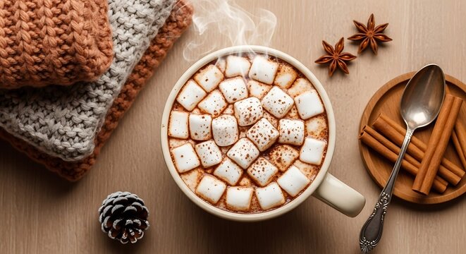 Overhead flat lay of hot cocoa with marshmallows simple mug cozy background.