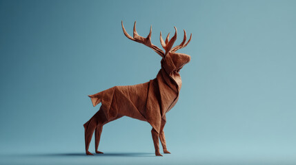Origami Reindeer Sculpture on Blue Background, Paper Craft Art. unique paper sculpture of a reindeer is a beautiful piece of art, perfect for any holiday or nature-themed project.
