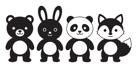  Cute cartoon forest animals standing together in a row silhouette