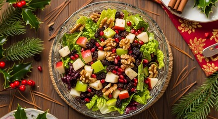 Overhead view of a Christmas salad (walnuts apple raisins) in a crystal bowl.
