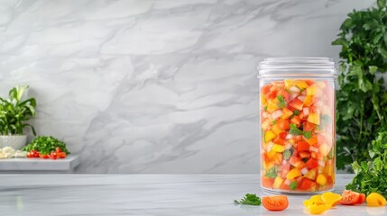 Fresh Salsa Jar on Marble: A clear glass jar brimming with a vibrant medley of colorful salsa, alongside fresh ingredients. The image captures the freshness and appeal of homemade, gourmet.