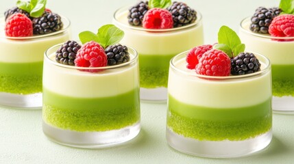 Delicious layered dessert: A tempting array of colorful layered desserts, each crowned with fresh berries, promises a symphony of flavors and textures in every delightful spoonful.