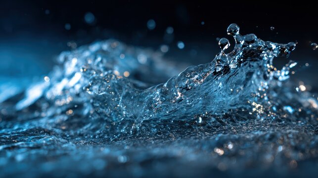 Extreme close up of splashing water with blue light and bokeh effects.