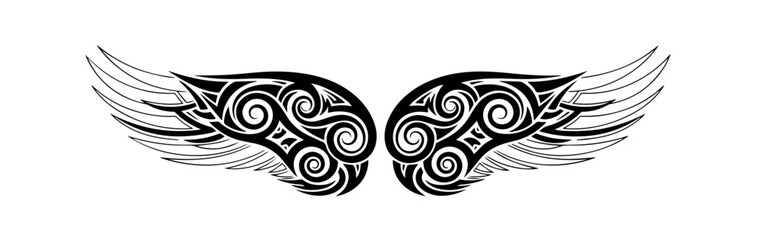 A symmetrical black tribal tattoo design features a pair of widespread wings detailed with intricate Celtic spirals and sweeping feathers isolated on a white background