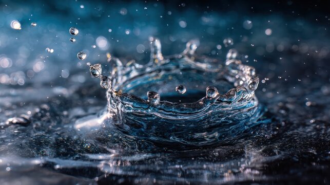 High speed photograph captures water crown splash with many droplets suspended.