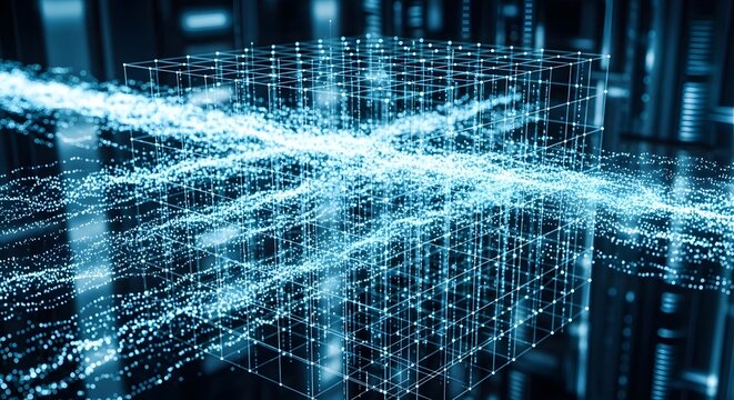 Abstract Digital Cube Formed by Glowing Blue Particles and Lines data network - Powered by Adobe
