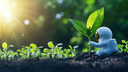 Astronaut Nurturing Life: An astronaut tenderly cultivates a budding plant in a fertile soil, a symbol of environmental stewardship and the nurturing of new life, under the warm embrace of sunlight.