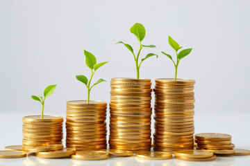 Financial growth concept with business investment and money saving showing green plant on gold coin stack