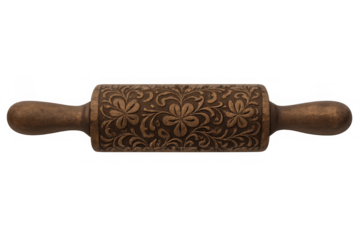Wooden rolling pin with floral embossed pattern, baking tool for creating decorative dough, isolated on transparent background
