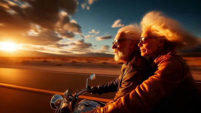 An adventurous couple rides a motorcycle into the sunset, capturing the essence of freedom, love, and thrilling shared experiences against a breathtaking landscape at dusk.