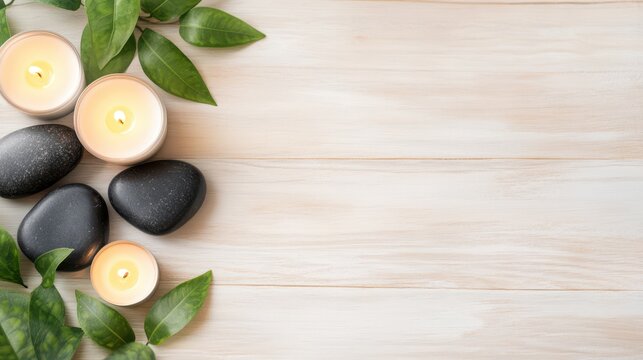 Serene Spa Composition: A minimalist spa scene features smooth, dark stones and softly glowing candles resting on a light, textured surface.