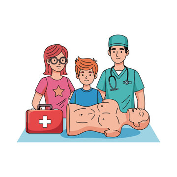 CPR Training Class with Family and Doctor Learning Life Saving Skills