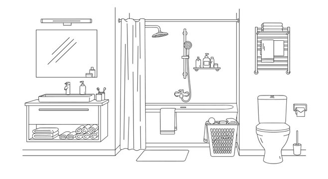 A detailed line art illustration of a modern bathroom interior with a shower sink toilet and various accessories.