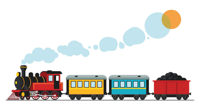 A classic vintage steam locomotive train with passenger cars and a coal wagon traveling on a railway on white.