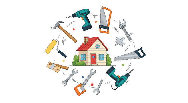 A concept illustration for home renovation and repair with a house surrounded by a circle of various construction tools. - Powered by Adobe