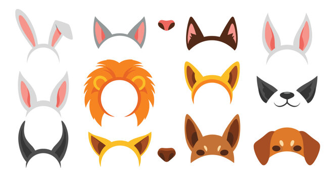 A fun collection of animal ears and noses photo booth props or filters including rabbit cat dog and lion designs. - Powered by Adobe