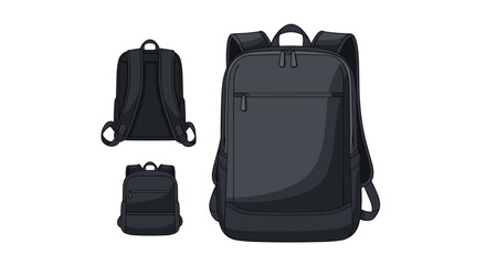 Fototapeta premium A modern black backpack shown in multiple views including front back and a smaller size on a white background.