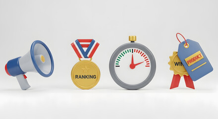 Marketing and business success concept with megaphone ranking medal stopwatch and price tag.