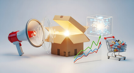 Marketing and Sales Growth Concept with Megaphone and Shopping Cart.