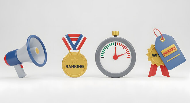Marketing and business success concept with megaphone ranking medal stopwatch and price tag.