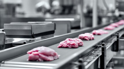Raw meat portions move along a monochrome industrial conveyor belt.