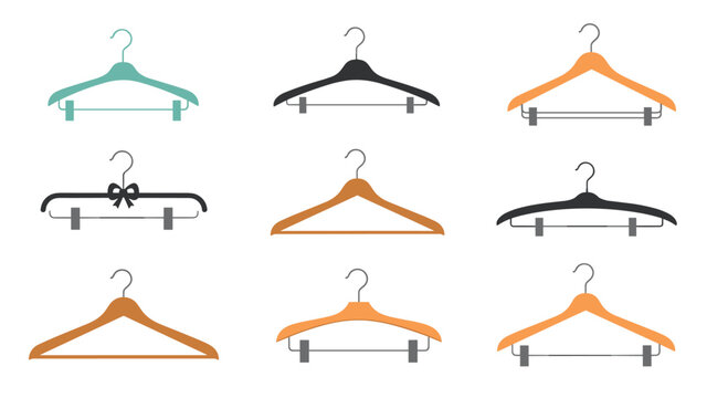 A simple and stylish set of nine clothes hangers in various designs and materials for wardrobe and fashion concepts.