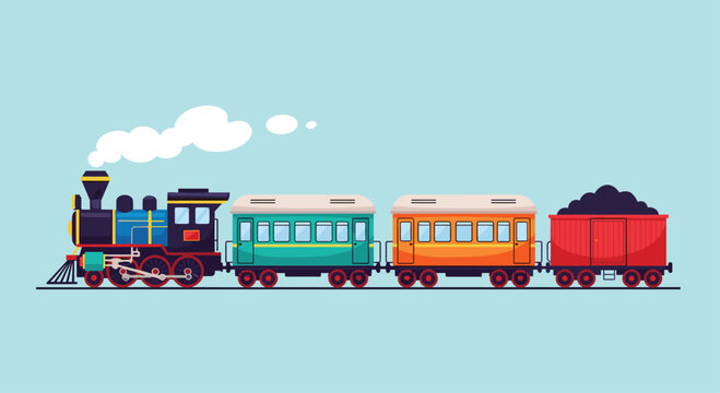 A colorful vintage steam train with a locomotive passenger cars and a coal wagon on a light blue background.