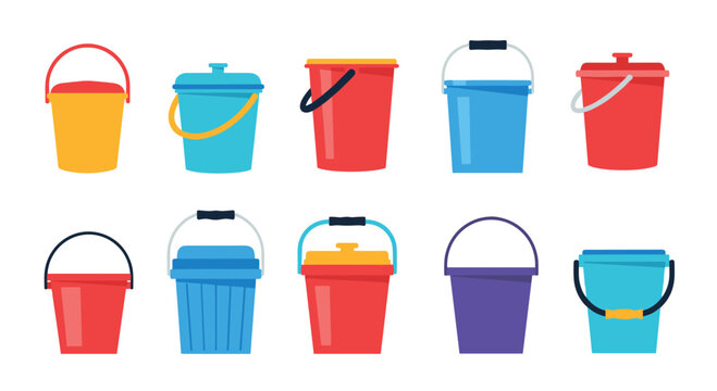 A colorful collection of various plastic and metal buckets with handles and lids in different shapes and sizes for cleaning gardening or carrying items.