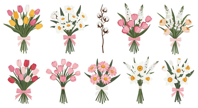 A beautiful collection of various spring and summer flower bouquets including tulips daisies and daffodils tied with ribbons plus a single cotton branch. - Powered by Adobe