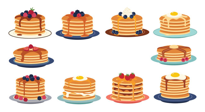 A delicious assortment of twelve different stacks of pancakes on plates each with unique toppings like berries syrup chocolate whipped cream and eggs.