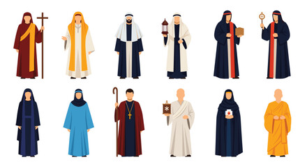 A diverse collection of religious figures from various world faiths including Christian priests Buddhist monks and Islamic imams in traditional robes.