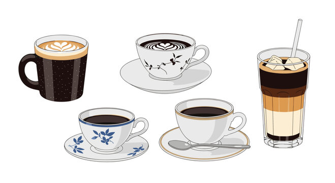 A delicious assortment of five different coffee drinks including an iced coffee a latte with art and classic black coffee in various cups and mugs.