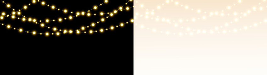 Warm string light garland overlay on dark and light backgrounds.